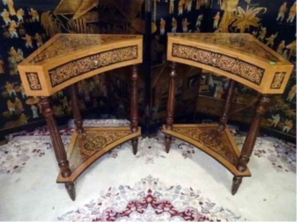 PAIR MARQUETRY STYLE TABLES, TRIANGULAR TOPS WITH (1 of 10)