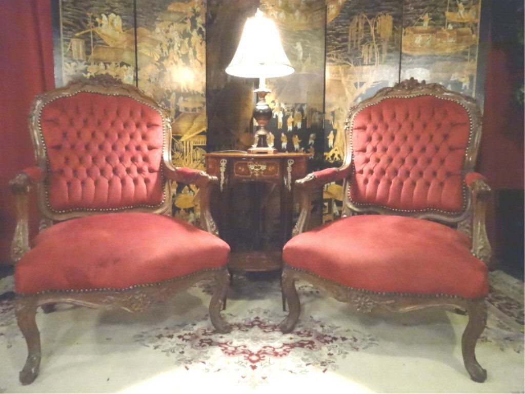 PAIR LOUIS XV STYLE ARMCHAIRS, RED VELVET UPHOLSTERY (1 of 10)