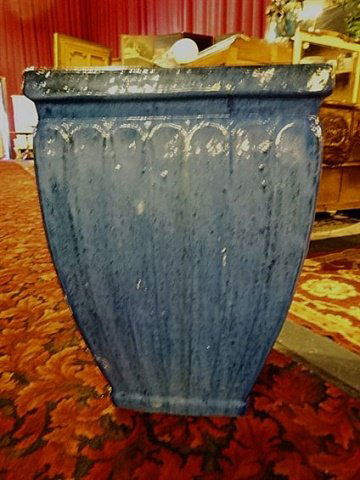 LARGE POTTERY JARDINIERE, FLUTED SIDES, BLUE GLAZE, (1 of 4)