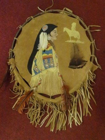 NATIVE AMERICAN PAINTING ON HIDE, WOMAN WITH FEATHERS, (1 of 5)