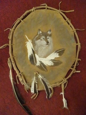 NATIVE AMERICAN PAINTING ON HIDE, WOLF WITH FEATHERS, (1 of 4)