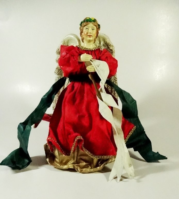 CHRISTMAS DECOR - ANGEL ON STAND / TREE TOPPER, WEARING: CHRISTMAS DECOR - ANGEL ON STAND / TREE TOPPER, WEARING RED GOWN, STIFFENED FABRIC ROBES, APPROX 9.75"