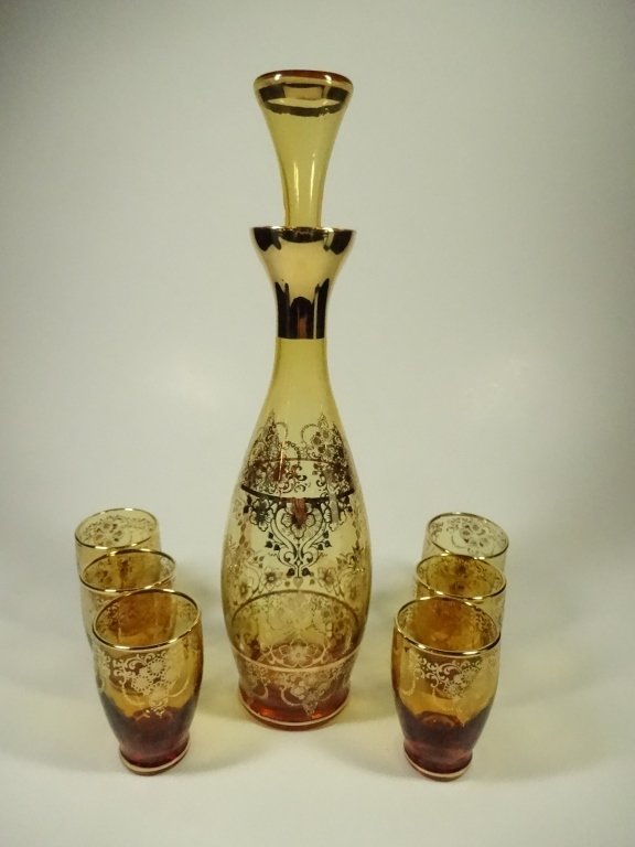 7 PC AMBER DECANTER & 6 GLASSES, DECANTER & STOPPER (1 of 6)