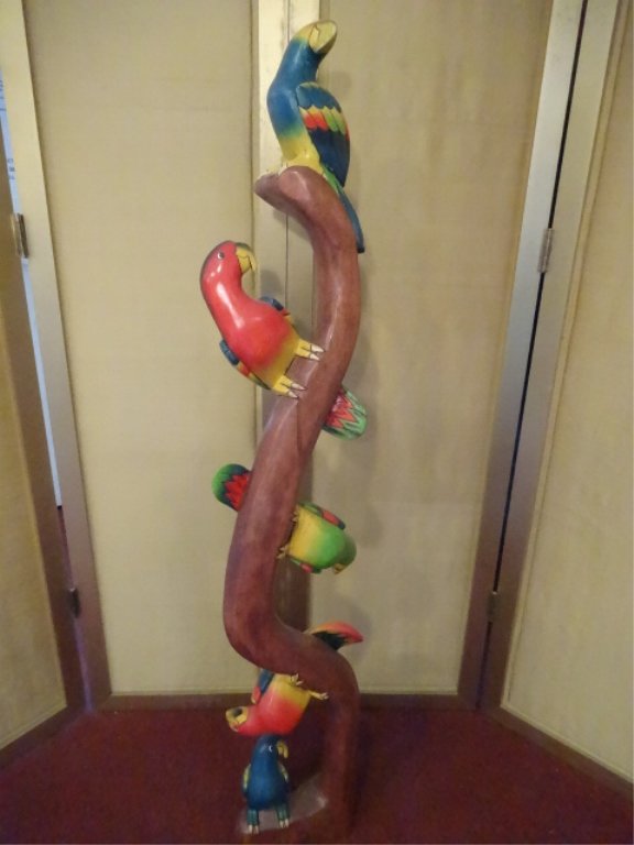LARGE WOOD SCULPTURE, 5 PARROTS ON BRANCH, CARVED AND (1 of 9)