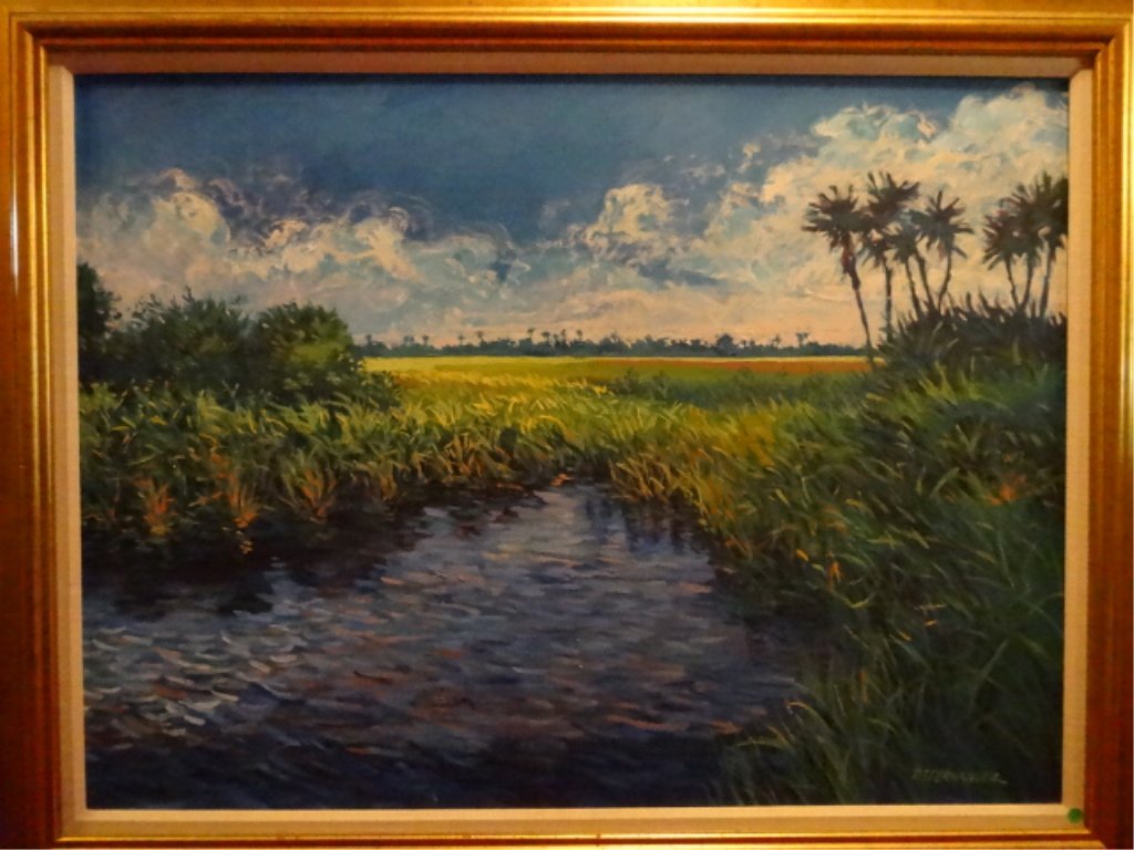 LARGE RICHARD FERNANDEZ OIL ON CANVAS PAINTING, FLORIDA: LARGE RICHARD FERNANDEZ OIL ON CANVAS PAINTING, FLORIDA EVERGLADES LANDSCAPE WITH PALMS, SIGNED RT FERNANDEZ LOWER RIGHT AND RICHARD FERNANDEZ ON VERSO, EXCELLENT CONDITION, FRAMED SIZE 55"W X 43"H, S