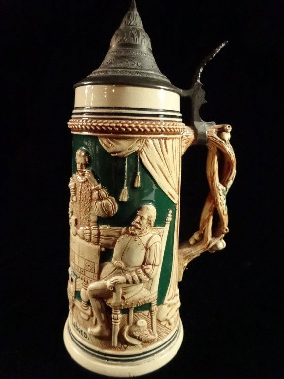 GERMAN BEER STEIN, 4 PEOPLE DRINKING, TWIG FORM HANDLE, (1 of 4)