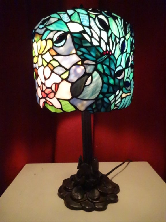 TIFFANY STYLE LEADED GLASS LAMP, PEACOCK AND FLORALS, (1 of 7)