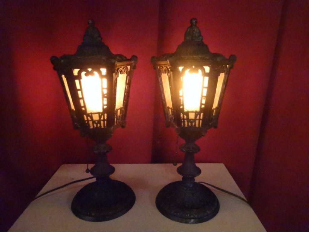 PAIR VINTAGE LANTERN STYLE LAMPS, ORNATE METAL BASES, (1 of 6)