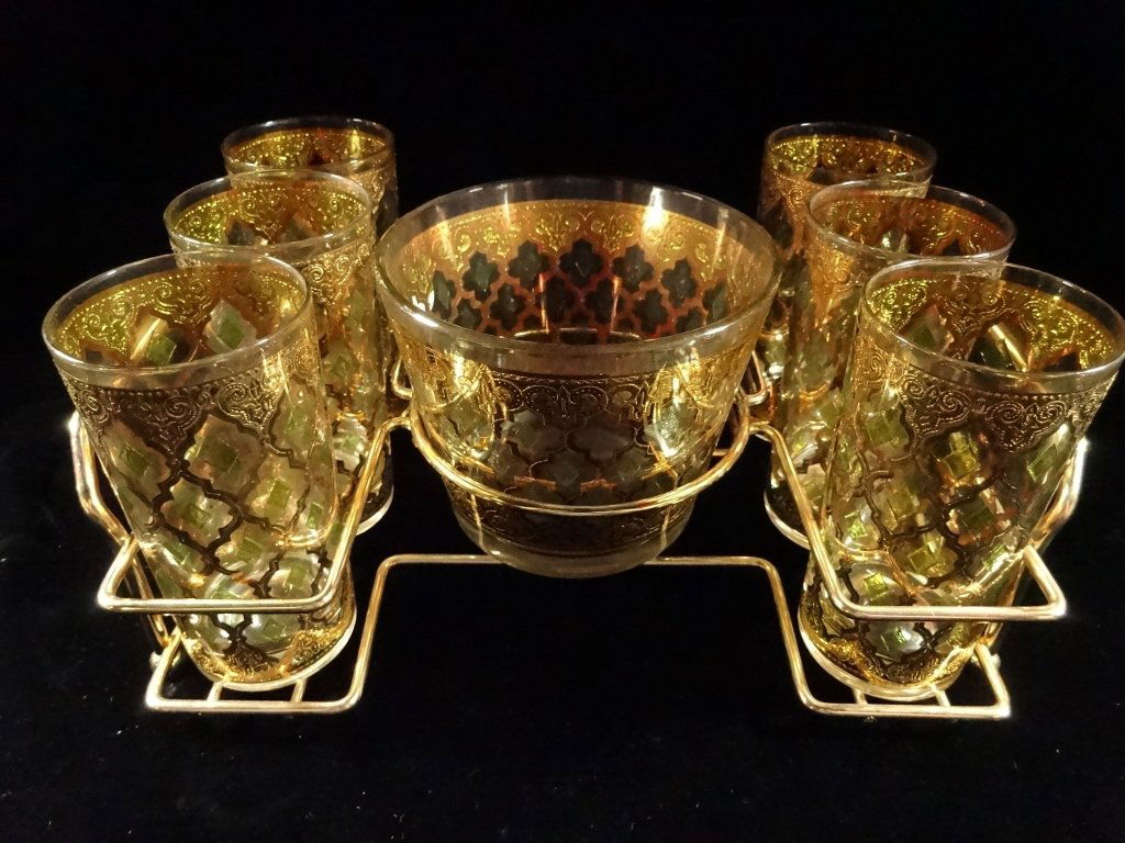 7 PC MID CENTURY TUMBERS AND ICE BUCKET IN BRASS RACK, (1 of 5)