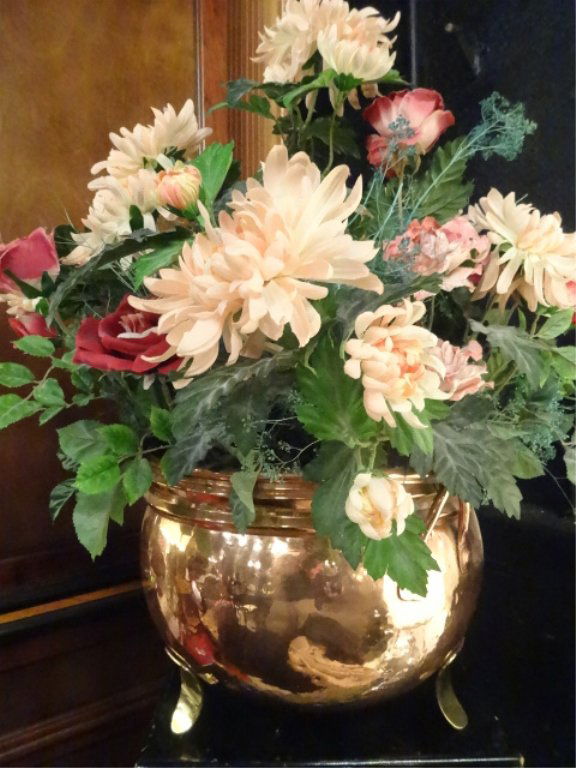 COPPER AND BRASS PLANTER WITH SILK FLORALS, APPROX (1 of 4)