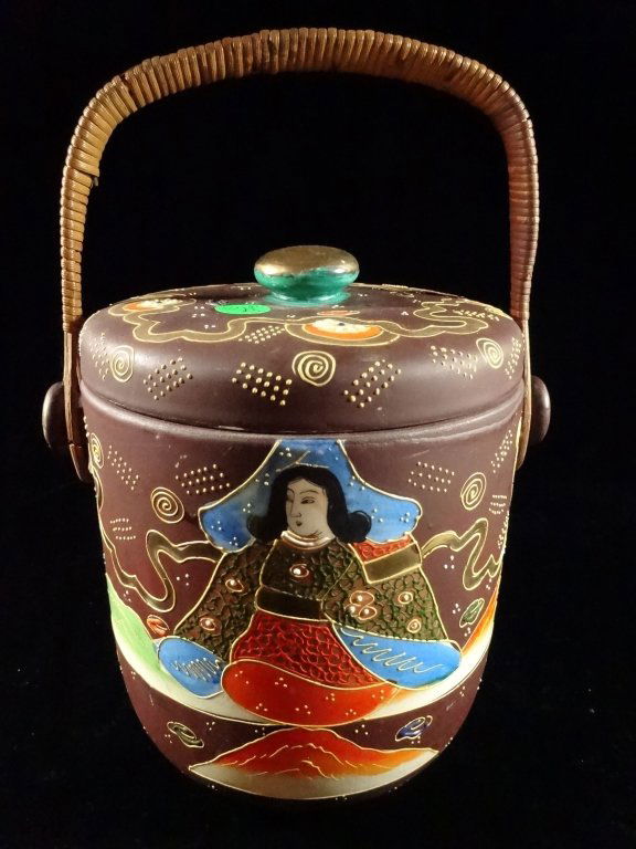 JAPANESE HAND PAINTED ICE BUCKET WITH LID AND RATTAN (1 of 4)