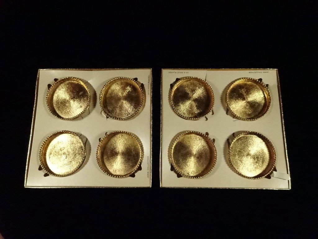 8 GILT METAL COASTERS, IN ORIGINAL BOXES, EACH APPROX: 8 GILT METAL COASTERS, IN ORIGINAL BOXES, EACH APPROX 3"W, SKU001.16
