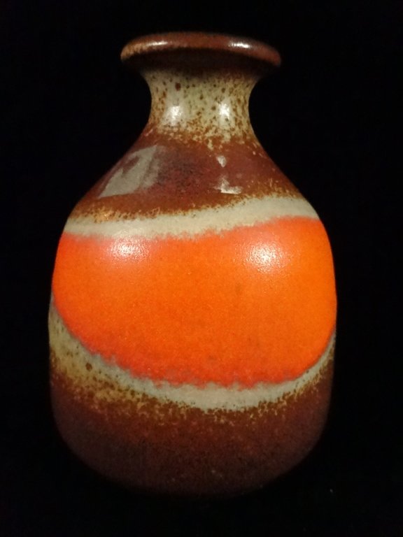 VINTAGE WEST GERMANY ART POTTERY VASE, ORANGE, WHITE (1 of 3)