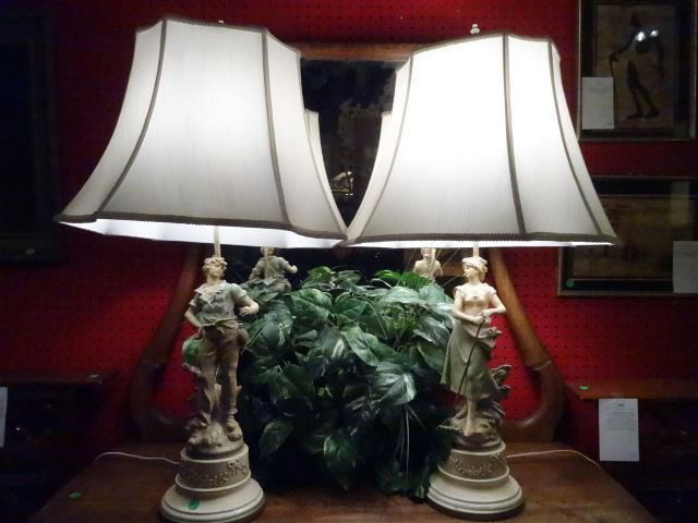 PAIR AFTER AUGUSTE MOREAU FIGURAL LAMPS, PAINTED (1 of 8)