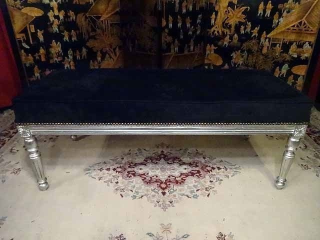LOUIS XVI STYLE SILVER FINISH BENCH, CHARCOAL BLACK: LOUIS XVI STYLE SILVER FINISH BENCH, CHARCOAL BLACK COLOR UPHOLSTERY WITH NAILHEAD TRIM, EXCELLENT NEW CONDITION