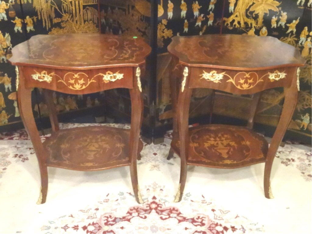 PAIR FRENCH EMPIRE STYLE MARQUETRY TABLES, INLAID RECTA (1 of 10)