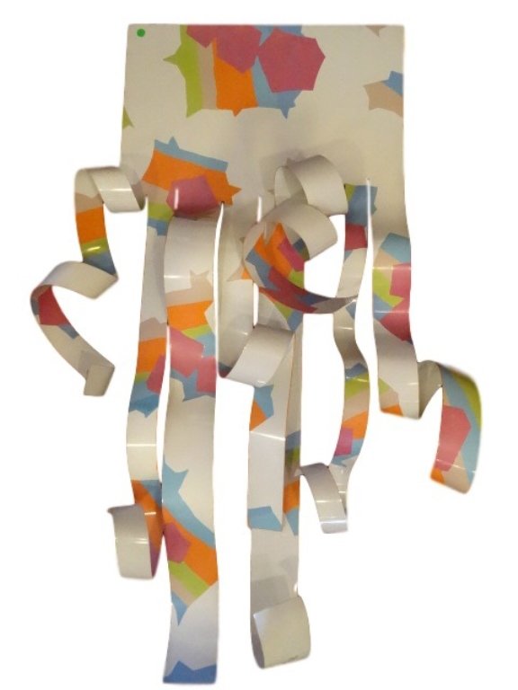 DOROTHY GILLESPIE METAL RIBBON SCULPTURE, ENAMEL ON: DOROTHY GILLESPIE METAL RIBBON SCULPTURE, ENAMEL ON ALUMINUM, SIGNED DOROTHY GILLESPIE ON RIBBON EDGE, TITLED FESTIVAL SERIES SIERRA SUNSET, PROVENANCE SILVIA PIZITZ ESTATE, MONTY STABLER GALLERY, AND