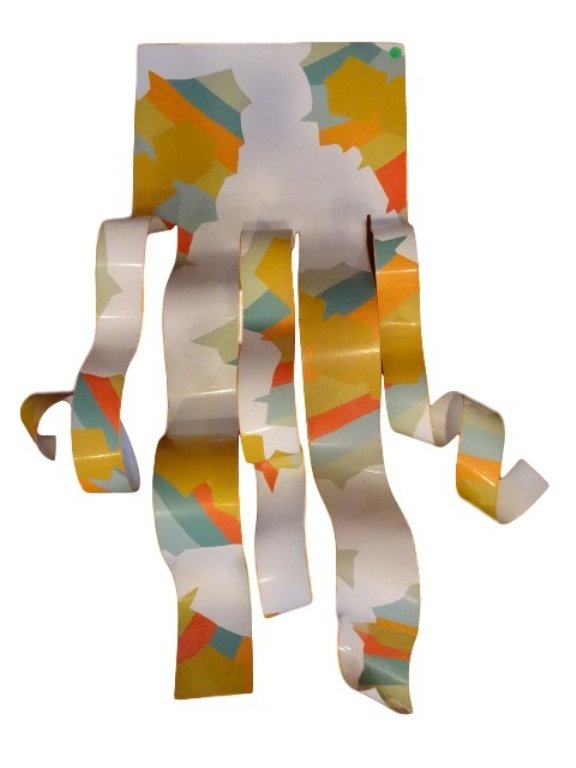 DOROTHY GILLESPIE METAL RIBBON SCULPTURE, ENAMEL ON: DOROTHY GILLESPIE METAL RIBBON SCULPTURE, ENAMEL ON ALUMINUM, SIGNED DOROTHY GILLESPIE ON RIBBON EDGE, VERY GOOD CONDITION, 36"H X 26"W X 6"D, SKU003.14