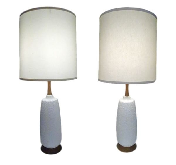 PAIR MID CENTURY MODERN WHITE CERAMIC LAMPS, 1960's, (1 of 8)