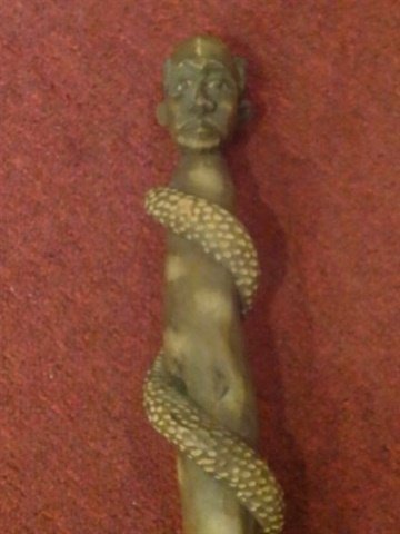 CARVED WOOD WALKING STICK, SNAKE FIGURE WITH MALE BUST, (1 of 7)
