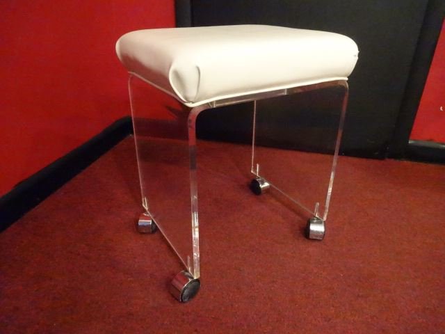 1970's LUCITE STOOL ON CASTERS, WHITE VINYL SEAT, (1 of 5)