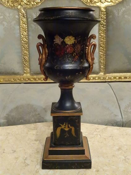 LARGE TOLE PAINTED METAL VASE, URN STYLE BODY WITH (1 of 6)