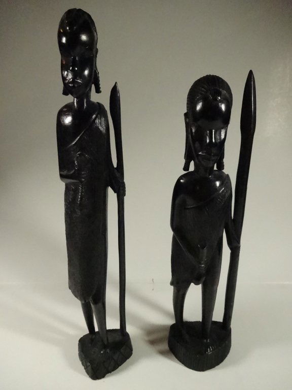 2 AFRICAN CARVED WOOD SCULPTURES, WARRIORS WITH SPEARS, (1 of 4)