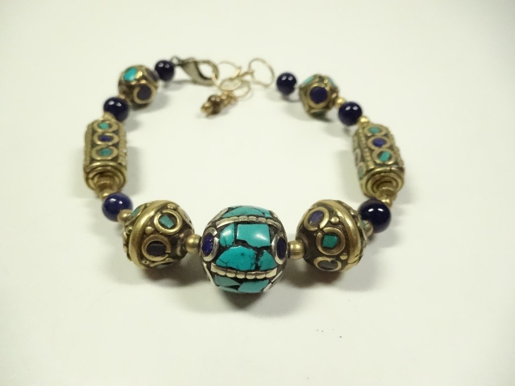 TURQUOISE & LAPIS BEAD BRACELET, APPROX 8.5"L, (1 of 4)