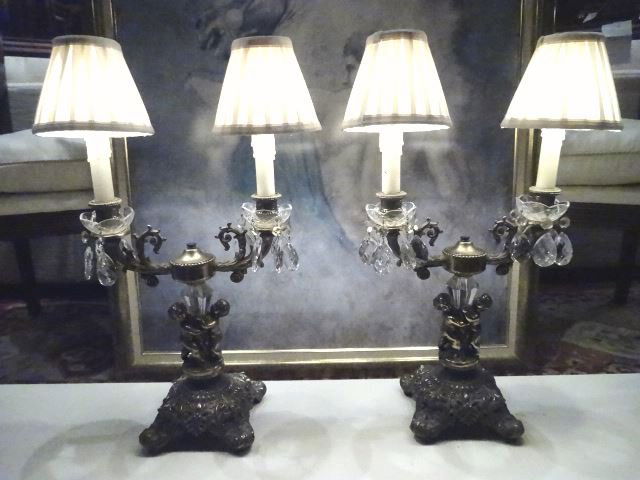 PAIR GILT METAL FIGURAL LAMPS, CRYSTAL DROPS, 2 LIGHTS (1 of 9)