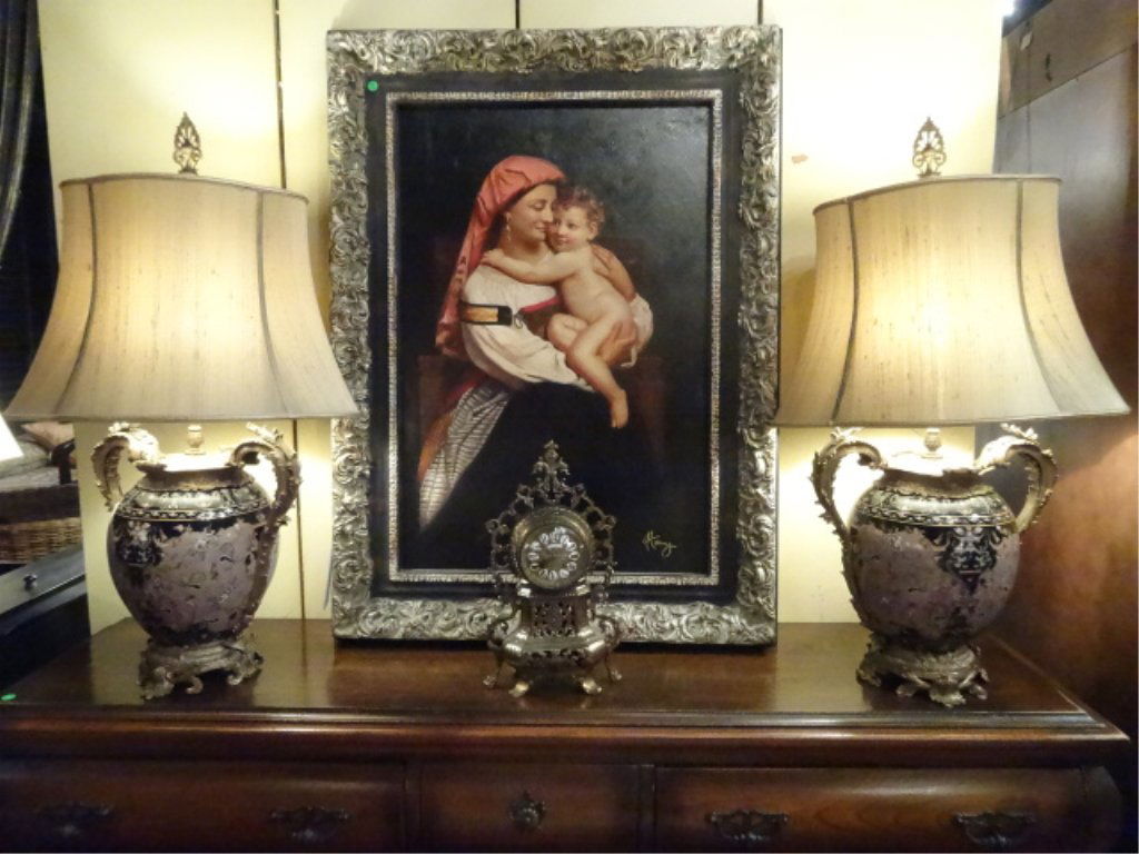 PAIR LARGE PORCELAIN AND GILT METAL LAMPS, FOLIATE FORM (1 of 10)