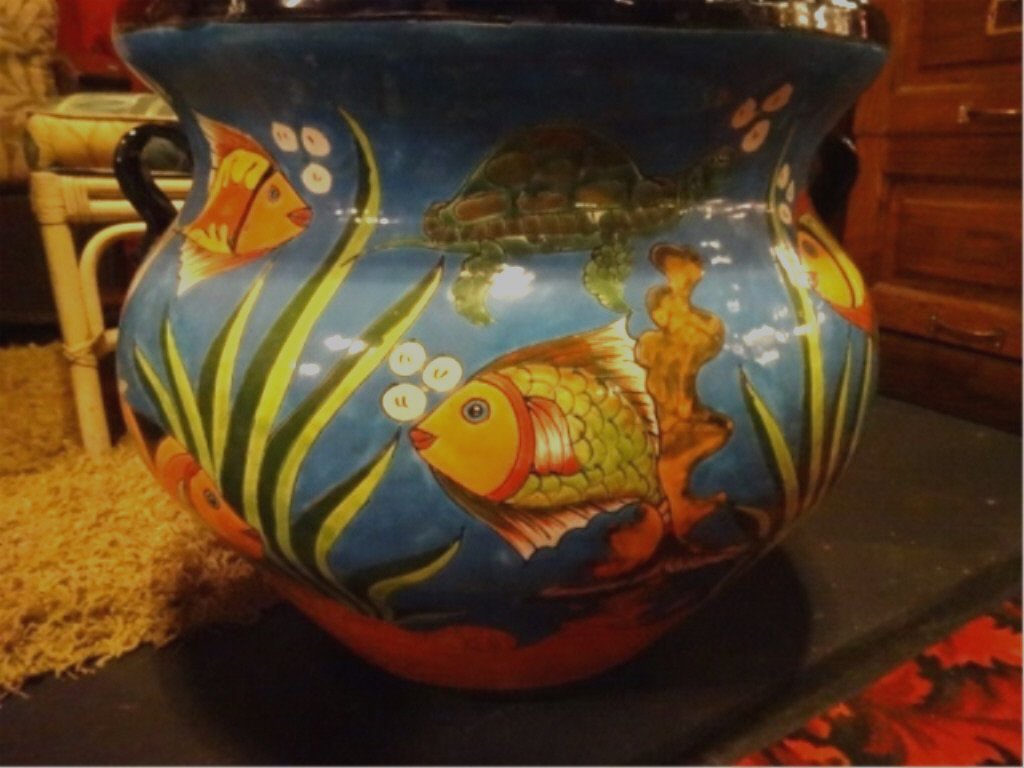 LARGE PAINTED POTTERY PLANTER, AQUARIUM OR REEF SCENE (1 of 6)