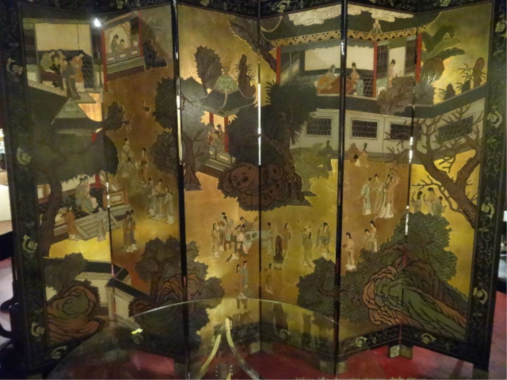 6 PANEL CHINESE GILT FLOOR SCREEN, PAINTED FIGURAL (1 of 10)