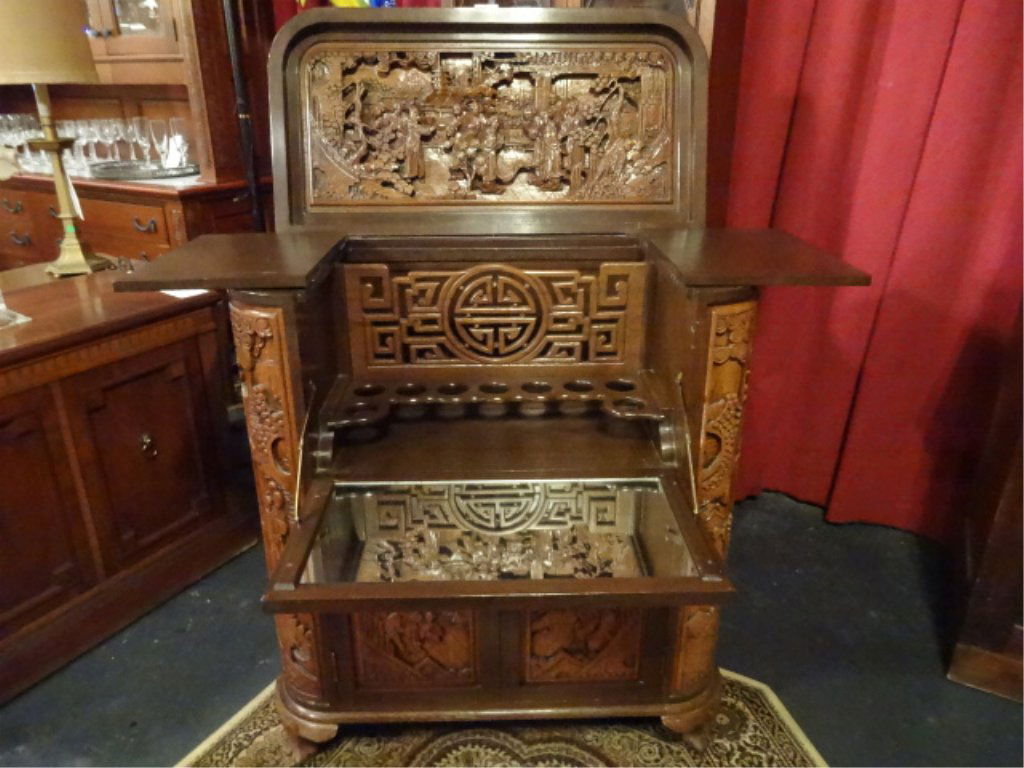 CHINESE CARVED WOOD BAR, FLIP TOP, INTRICATELY CARVED (1 of 10)
