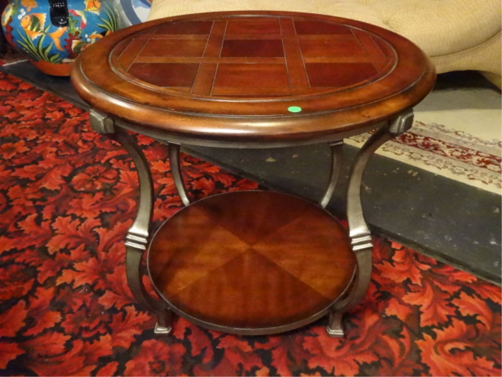 WOOD AND METAL SIDE TABLE, DARK FINISH PARQUET TOP, (1 of 4)