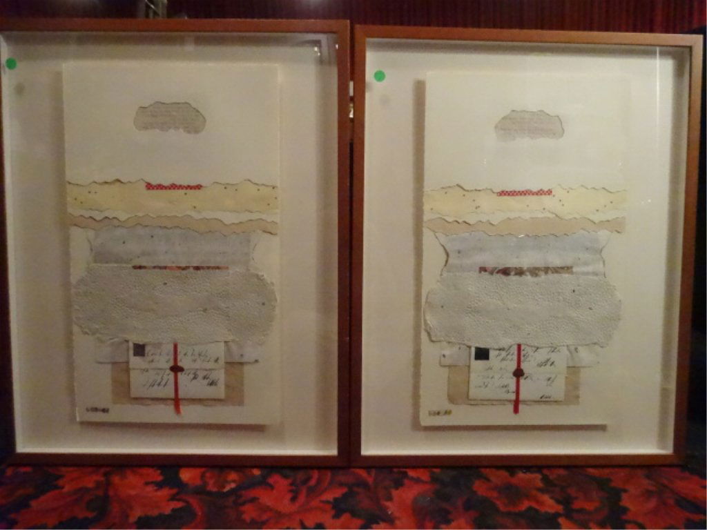 2 RICARDO BENAIM (VENEZUELAN, b.1949) MIXED MEDIA: 2 RICARDO BENAIM (VENEZUELAN, b.1949) MIXED MEDIA COLLAGES, SOLD TOGETHER, LIMITED EDITION ARTIST'S PROOFS, PENCIL SIGNED "BENJAMIN" LOWER RIGHT AND A/P LOWER LEFT, EXCELLENT CONDITION, FRAMED SIZE OF