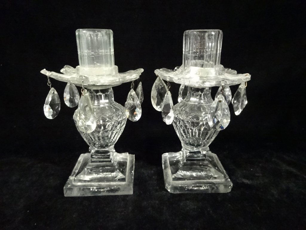 PAIR ANTIQUE CRYSTAL CANDLESTICKS WITH CRYSTAL DROPS, (1 of 6)