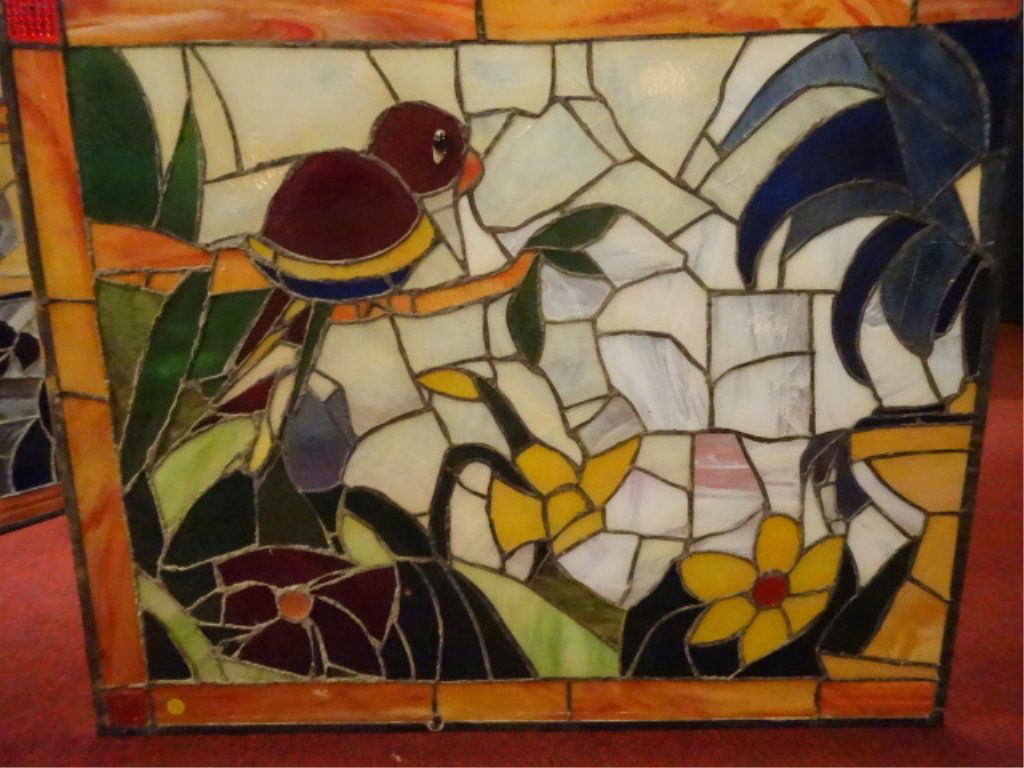 LARGE STAINED GLASS PANEL, BIRD AND FLOWERS, ONE OF A (1 of 8)
