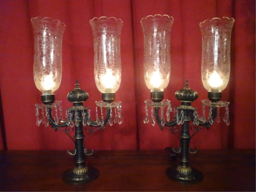 PAIR VINTAGE TABLE LAMPS, CRYSTAL DROPS, ETCHED GLASS (1 of 10)