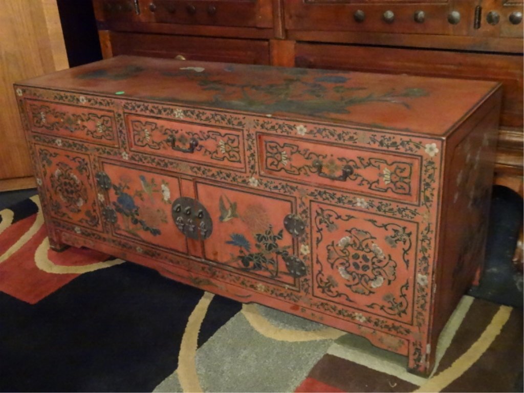 CHINESE PAINTED CABINET/TABLE, RED WITH PAINTED (1 of 5)