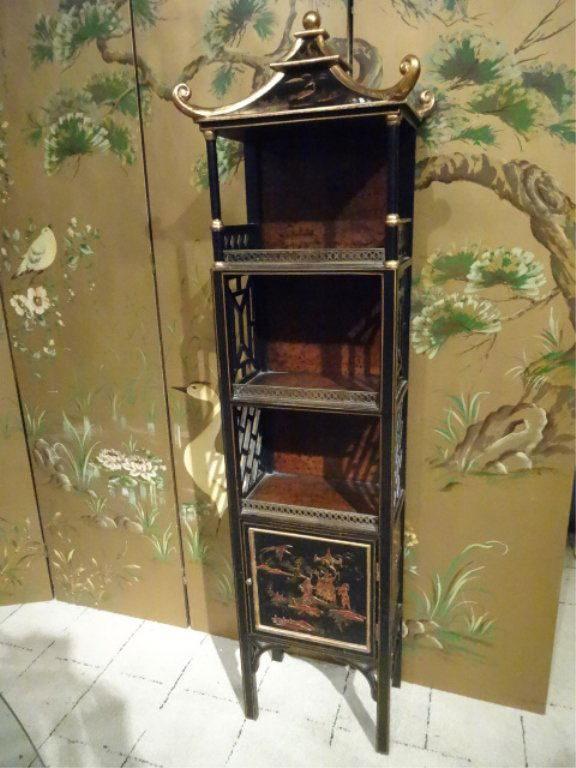 CHINOISERIE PAGODA TOP BOOKCASE/ETAGERE, RAISED PAINTED (1 of 10)