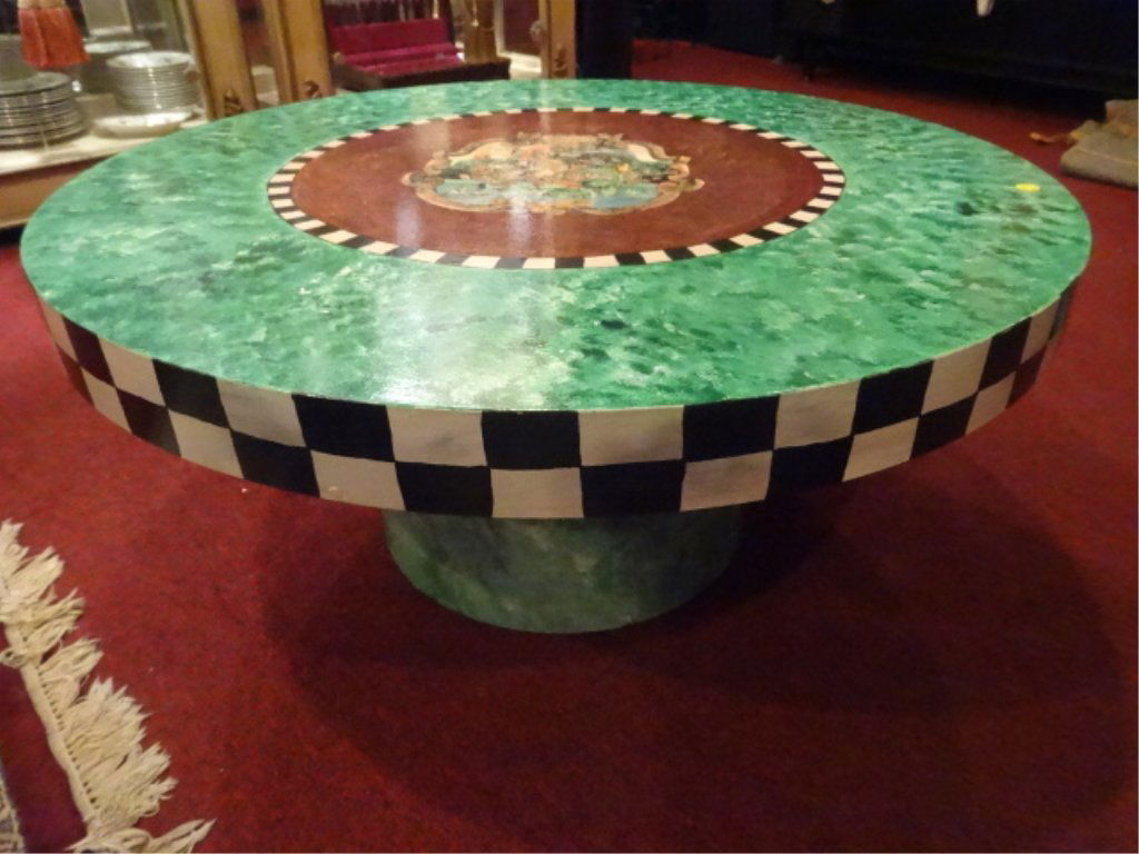 PAINTED AND DECOUPAGE COFFEE TABLE, WOOD BASE WITH: PAINTED AND DECOUPAGE COFFEE TABLE, WOOD BASE WITH CHECK PATTERN EDGE AND MEDALLION, GREEN ENAMEL, VERY GOOD CONDITION, 36"W X 16"H, SKU020.02