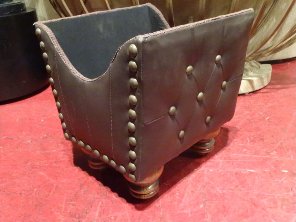 MAGAZINE RACK WITH NAILHEAD TRIM, WOOD LEGS, VERY GOOD: MAGAZINE RACK WITH NAILHEAD TRIM, WOOD LEGS, VERY GOOD CONDITION, 14.5" X 16" X 17", SKU127.07