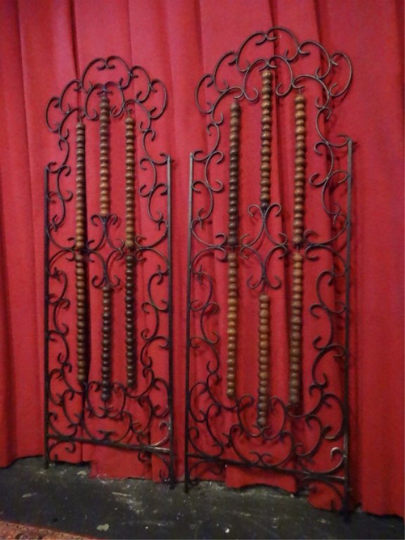 PAIR WROUGHT IRON AND WOOD WALL GRATES, EACH PANEL 78"H (1 of 6)