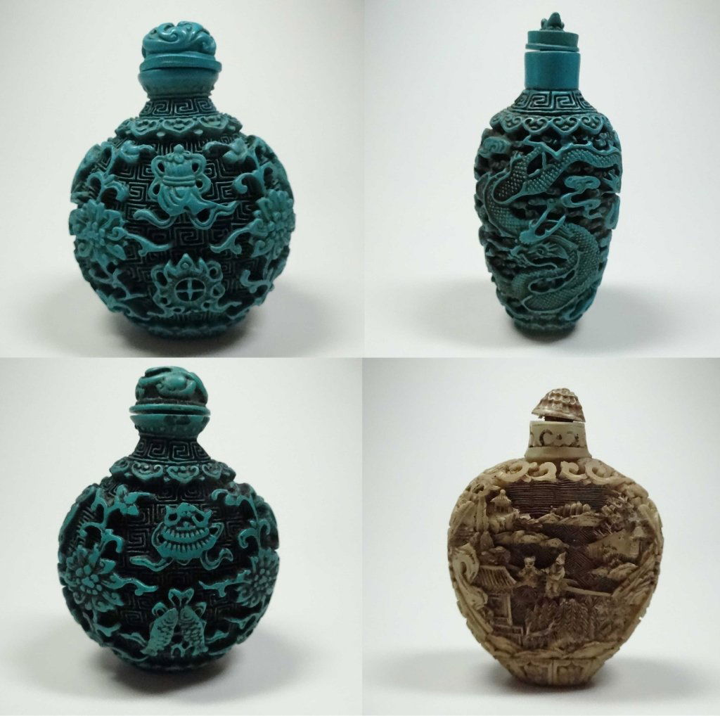 4 PC CHINESE SNUFF BOTTLES, 3 BLUE & 1 BEIGE, TALLEST (1 of 10)