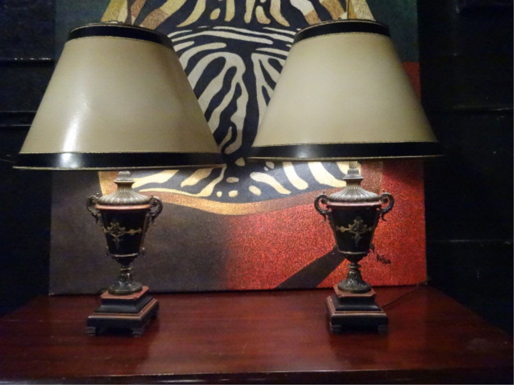 PAIR NEOCLASSICAL URN STYLE LAMPS, METAL AND STONE WITH (1 of 10)