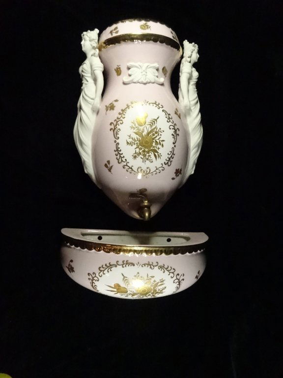 2 PC PORCELAIN WALL FOUNTAIN PLANTER, PINK WITH WHITE & (1 of 10)