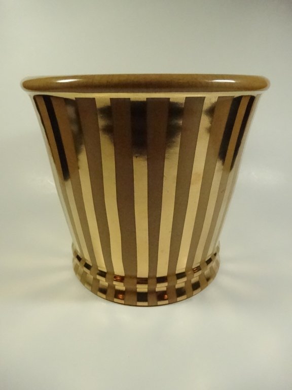 BEIGE CERAMIC CACHEPOT, METALLIC GOLD STRIPES, APPROX (1 of 4)