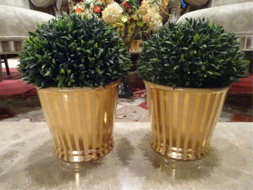 PAIR GOLD FINISH CERAMIC PLANTERS WITH FAUX FOLIAGE, (1 of 4)