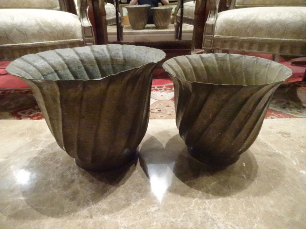 2 VINTAGE METAL PLANTERS, LARGER IS 14.5"H X 11", (1 of 3)