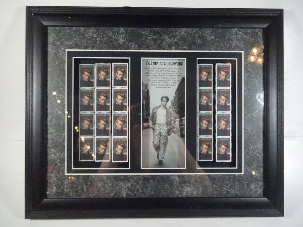 FRAMED COMMEMORATIVE JAMES DEAN 32 CENT STAMPS, (1 of 6)